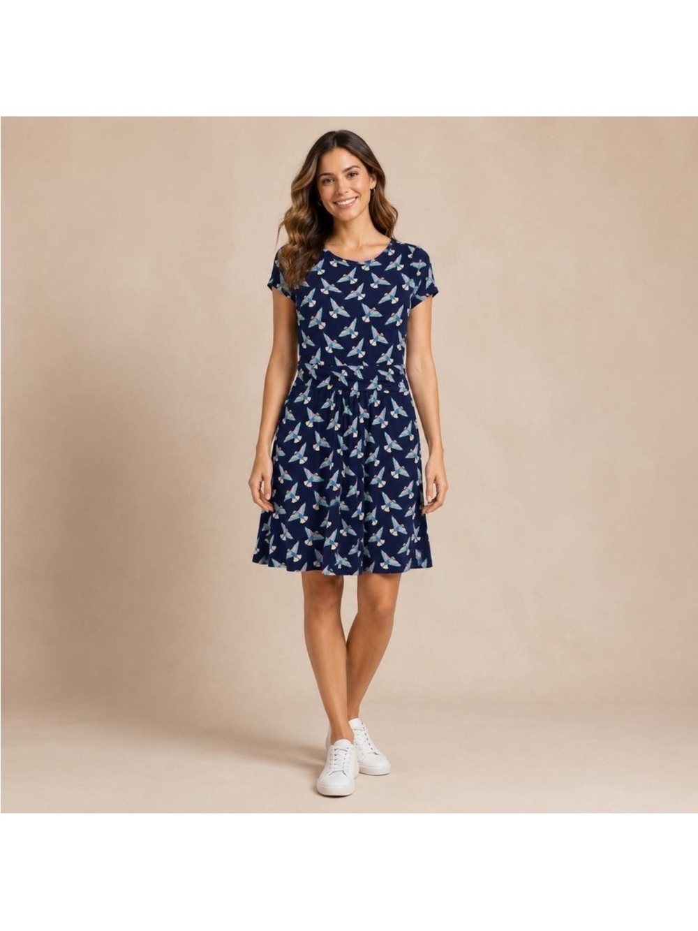 Boden Amelie Dress Women's 4P Jersey Stretch Pockets Birds Navy Blue